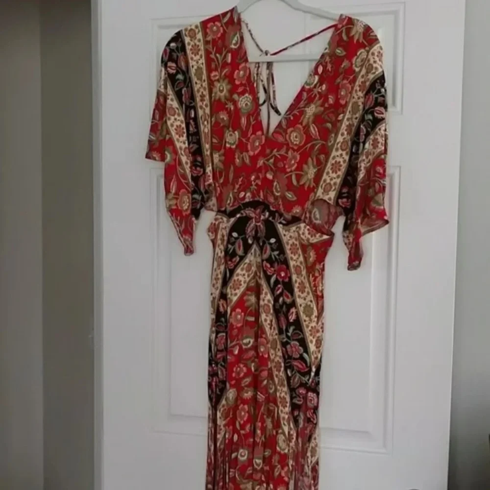SOLD OUT Red Bohemian Floral Open Back Kimono Maxi Dress - Picture 5 of 5